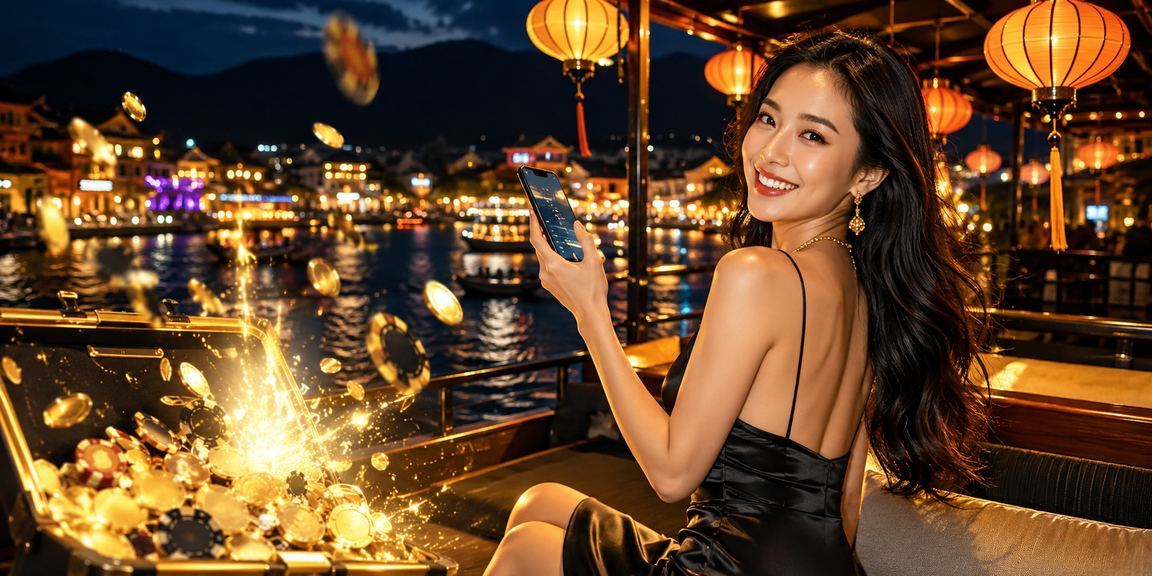 Trải nghiệm casino di động tại chợ đêm Hội An – người dùng cầm điện thoại chơi game